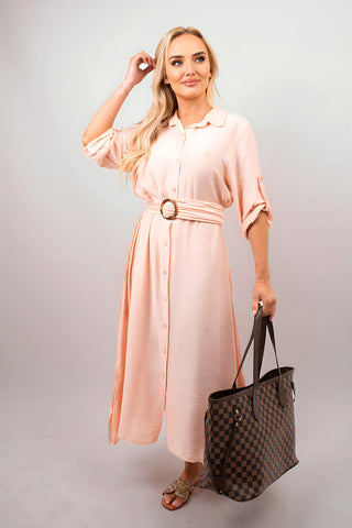 Belted Button Down Roll Tab Sleeve Midi Dress