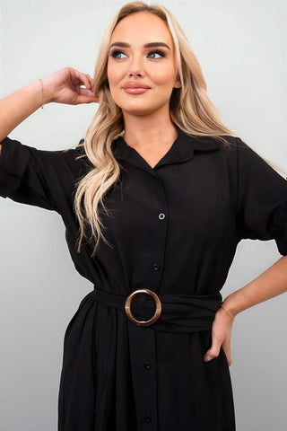 Belted Button Down Roll Tab Sleeve Midi Dress