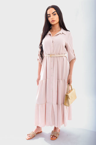 Belted Button Down Tiered Maxi Dress