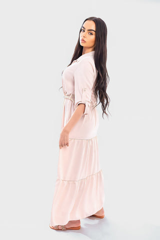 Belted Button Down Tiered Maxi Dress