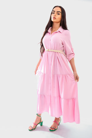 Belted Button Down Tiered Maxi Dress