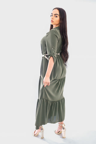 Belted Button Down Tiered Maxi Dress