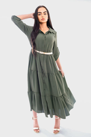 Belted Button Down Tiered Maxi Dress