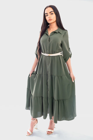 Belted Button Down Tiered Maxi Dress