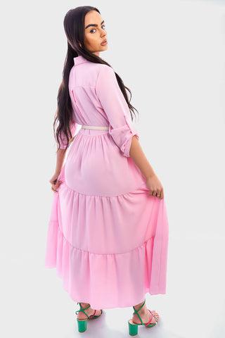 Belted Button Down Tiered Maxi Dress