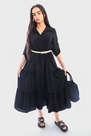 Belted Button Down Tiered Maxi Dress