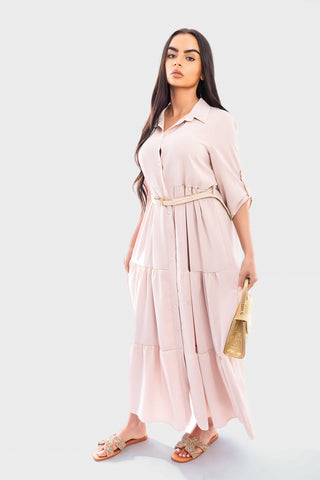 Belted Button Down Tiered Maxi Dress