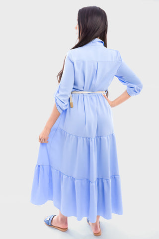 Belted Button Down Tiered Maxi Dress