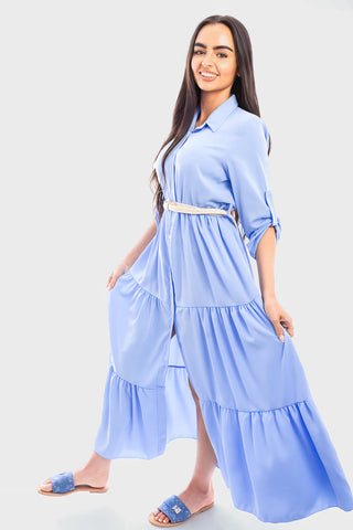 Belted Button Down Tiered Maxi Dress