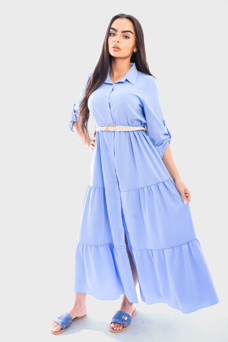 Belted Button Down Tiered Maxi Dress