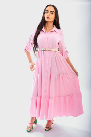 Belted Button Down Tiered Maxi Dress