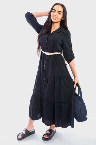 Belted Button Down Tiered Maxi Dress