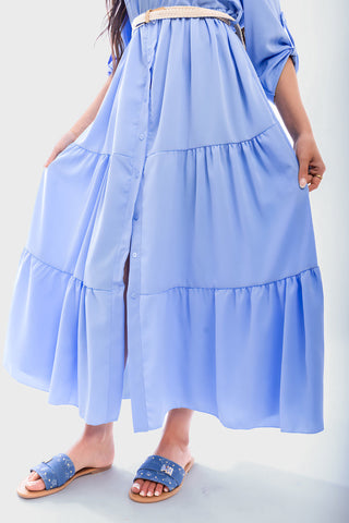 Belted Button Down Tiered Maxi Dress