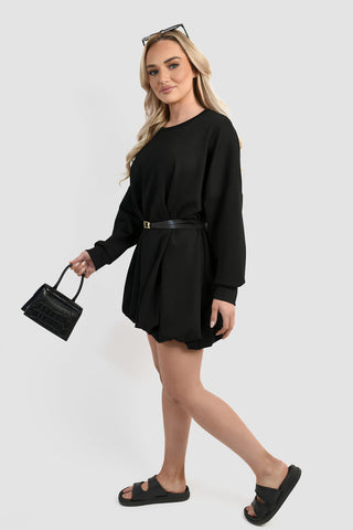 Belted Long Sleeve Mini Balloon Dress