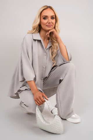 Button Down Long Sleeve Shirt and Wide Leg Trousers Co-ord Set