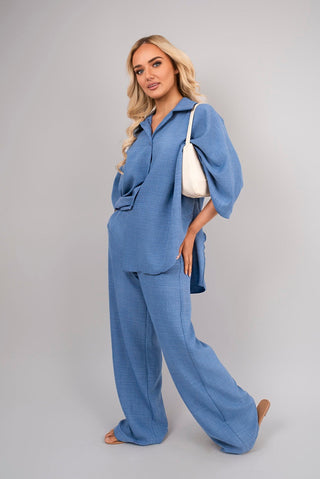 Button Down Long Sleeve Shirt and Wide Leg Trousers Co-ord Set