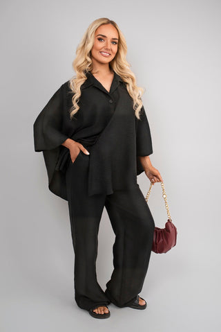 Button Down Long Sleeve Shirt and Wide Leg Trousers Co-ord Set