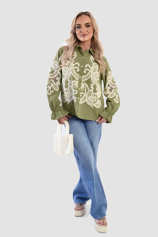 Buttoned Embroidered Balloon Sleeve Top