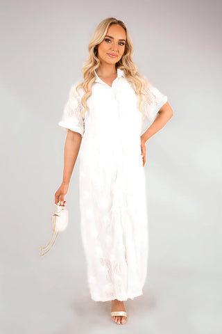 Collared Short Sleeve Sheer Maxi Shirt Dress with Textured Detail