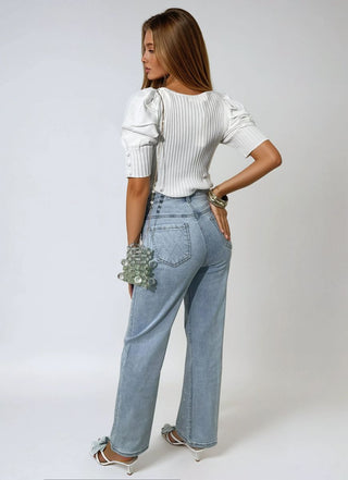 Diamond Pattern Embellished High Waisted Jeans