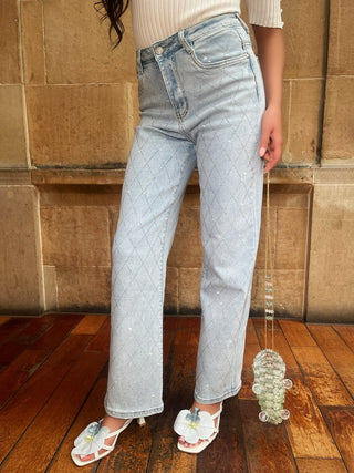Diamond Pattern Embellished High Waisted Jeans