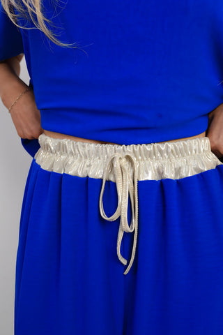 Drawstring Shiny Waist Wide Leg Trouser