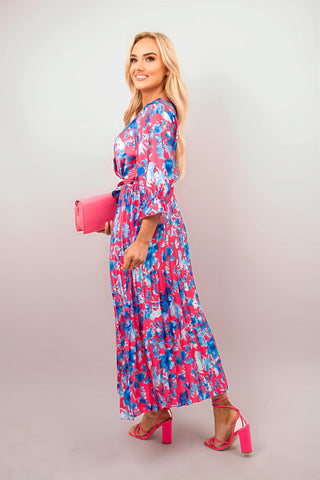 Floral Printed Long Sleeve Pleated Midi Dress