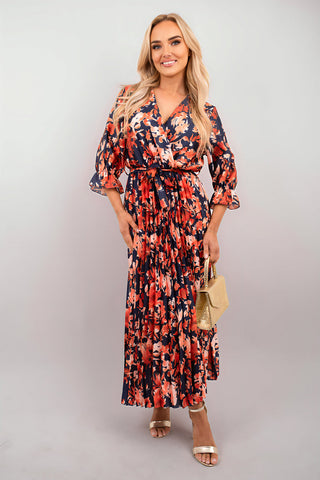 Floral Printed Long Sleeve Pleated Midi Dress