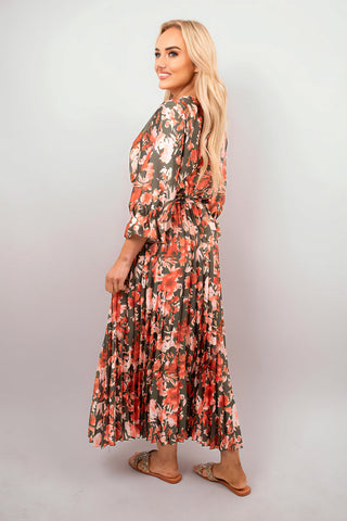 Floral Printed Long Sleeve Pleated Midi Dress