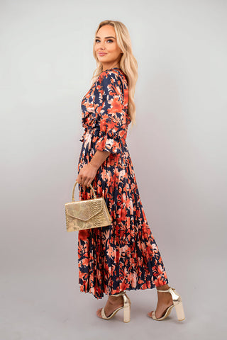 Floral Printed Long Sleeve Pleated Midi Dress