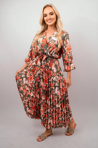 Floral Printed Long Sleeve Pleated Midi Dress
