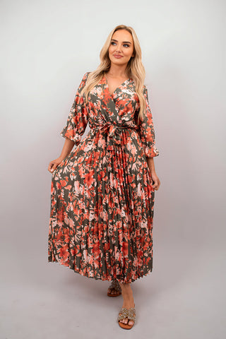 Floral Printed Long Sleeve Pleated Midi Dress