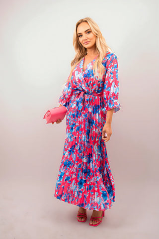 Floral Printed Long Sleeve Pleated Midi Dress