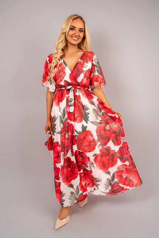Floral V Neck Short Sleeve Maxi Dress with Tie Waist