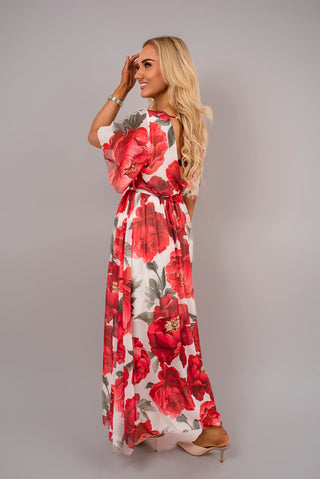 Floral V Neck Short Sleeve Maxi Dress with Tie Waist