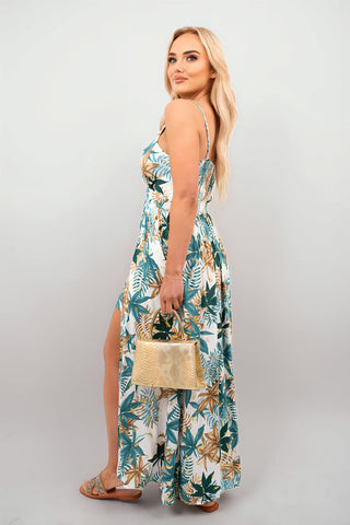 Floral V-Neck Sleeveless Romper Midi Dress