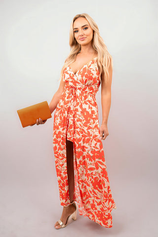 Floral V-Neck Sleeveless Romper Midi Dress