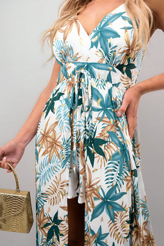 Floral V-Neck Sleeveless Romper Midi Dress