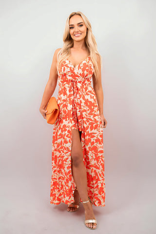 Floral V-Neck Sleeveless Romper Midi Dress