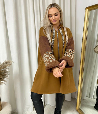 Leopard Print Knitted Sleeve Hoodie