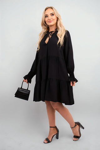 Long Sleeve Front Tie Tiered Mini Dress
