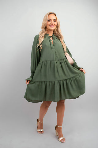 Long Sleeve Front Tie Tiered Mini Dress