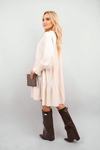 Long Sleeve Front Tie Tiered Mini Dress