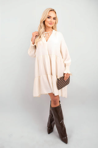 Long Sleeve Front Tie Tiered Mini Dress