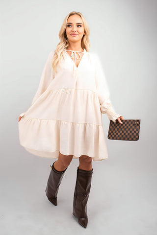 Long Sleeve Front Tie Tiered Mini Dress