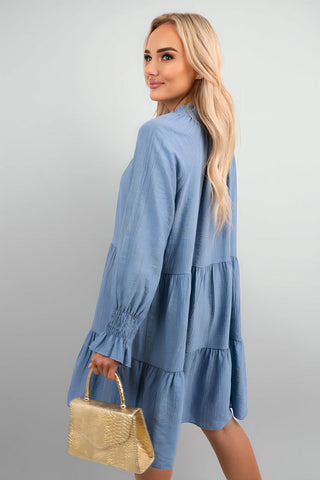 Long Sleeve Front Tie Tiered Mini Dress
