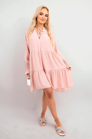 Long Sleeve Front Tie Tiered Mini Dress