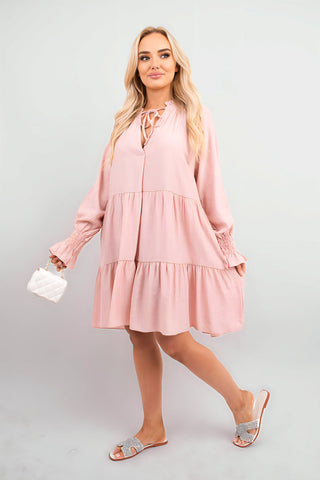 Long Sleeve Front Tie Tiered Mini Dress
