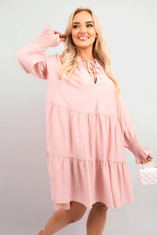 Long Sleeve Front Tie Tiered Mini Dress
