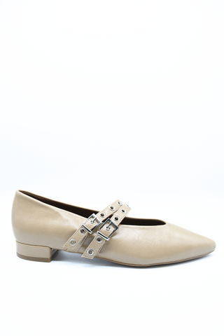 Low Heel Double Buckle Eyelet Strap Pointed Flat Shoes